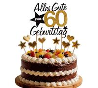 Hibarby Decoración para tarta de cumpleaños, 60 años, Happy 60th Birthday Cake Topper, decoración para tarta de cumpleaños, decoración de cumpleaños con estrellas de amor