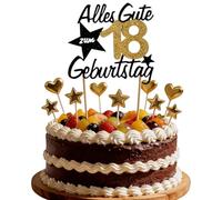 Hibarby Decoración para tarta de cumpleaños con texto en alemán "Alles Gute zum Geburtstag 18 Jahre Happy 18th Birthday Cake Topper, Birthstagstorte Dekoration Kuchen Deko Geburtstag mit Liebe Sternen