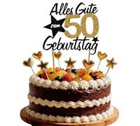 Hibarby Decoración para tarta de cumpleaños con texto en alemán "Alles Gute zum Geburtstag 50 Jahre Happy 30th Birthday Cake Topper, Birthstagstorte Dekoration Kuchen Deko Geburtstag mit Liebe Sternen