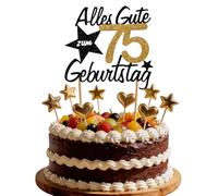 Hibarby Decoración para tarta de cumpleaños con texto en alemán "Alles Gute zum Geburtstag 75 Jahre Happy 30th Birthday Cake Topper, Birthstagstorte Dekoration Kuchen Deko Geburtstag mit Liebe Sternen