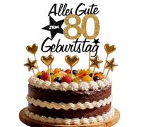 Hibarby Decoración para tarta de cumpleaños con texto en alemán "Alles Gute zum Geburtstag 80 Jahre Happy 80th Birthday Cake Topper, Birthstagstorte Dekoration Kuchen Deko Geburtstag mit Liebe Sternen