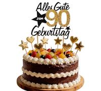 Hibarby Decoración para tarta de cumpleaños con texto en alemán "Alles Gute zum Geburtstag 90 Jahre Happy 30th Birthday Cake Topper, Birthstagstorte Dekoration Kuchen Deko Geburtstag mit Liebe Sternen
