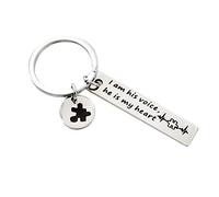 Hibetek Llavero de concienciación sobre el autismo "I Am His Voice He is My Heart", llavero con pieza de rompecabezas, dije para autismo mamá, His Voice, Talla única