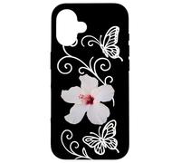 Hibisco Blanco con Mariposas y Acentos de Remolino Formas Mania Carcasa para iPhone 16