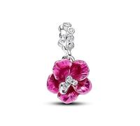 Hibiscus Sterling Silver Dangle with Clear Cubic Zirconia and Pink Enamel