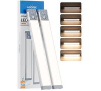 HIBOITEC Recargable Luz Armario Sensor Movimiento, 50LED 25,5CM Brillo Ajustable Led Cocina Bajo Mueble, Adhesiva de Armario con Sin Cable para Cocina Gabinete Escalera Pasillo (Luz Blanca Cálida)