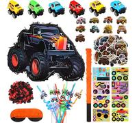 Hiboom Juego de 102 recuerdos de fiesta de camión, 1 piñata de camión, 1 palo, 1 venda para los ojos, 1 bolsa de confeti, 24 calcomanías de bricolaje, 12 pajitas de beber, 12 vehículos, 50 calcomanías