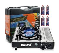 HIBRON Hornillo de Camping Portátil con Maletín - Compacto y Ligero, Compatible con Cartuchos de Gas EN17476/UL147B + 4 Cartuchos Incluidos