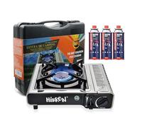 HIBRON Hornillo de Camping Portátil con Maletín - Compacto y Ligero, Compatible con Cartuchos de Gas EN17476/UL147B + 3 Cartuchos Incluidos
