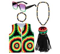 Hicarer 5 Piezas Accesorios de Disfraz Rasta Sombrero Rasta con Peluca de Rastas Negras Chaleco Jamaicano Gafas Rasta Cuadradas Pulsera Jamaicana y Collar para Hombres Mujeres Cosplay Halloween Fiesta