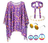 Hicarer 6 Piezas de Set de Accesorios de Disfraz de Hippie Poncho Collar y Pendientes de Signo Paz Cinta de Cabeza de Hippie Diadema de Flor Gafas de Sol para Fiesta Mujeres Niñas (Flor Romántica)
