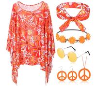 Hicarer 6 Piezas de Set de Accesorios de Disfraz de Hippie Poncho Collar y Pendientes de Signo Paz Cinta de Cabeza de Hippie Diadema de Flor Gafas de Sol para Fiesta Niñas (Naranja, Flor Vibrante)
