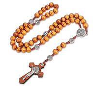 Hicarer Collar de Rosario de Madera de Olivo Rosario Católico Rosario de Cuenta de Madera de Cruz Hecho a Mano Collar de Cuenta de Cruz de Cadena de Madera de Olivo con Bolsa de Franela para Mujer