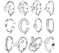 Hicarer Juego de Anillos Abiertos de Plata de 12 Piezas Anillos de Dedo Ajustables Anillos Abierto de Nudo de Pie Anillos de Cola de Articulación Apilables Varios Joyería de Playa para Mujeres Niñas