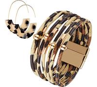 Hicarer Pendientes y Pulseras de Leopardo para Mujer - Pulseras de Cuero Multicapa con Concha de Tortuga (Beige)