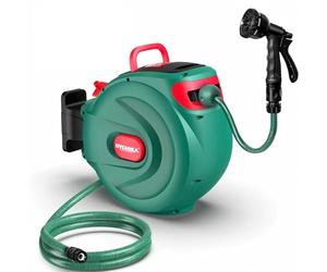 HICHIKA Enrollador Manguera Jardin 20M - Carrete Retráctil Manguera para Pared, Bloqueo Automático, Pistola 8 Funciones, Caja Giratoria 180°, Almacenaje Seguro Riego Exterior