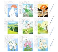 HICOHAND Lienzo predibujado, 9 piezas, paisaje de animales, flores, paisaje, naturaleza, lienzo, juego de papel preimpreso, contorno de pintura con 4 pinceles, regalos de dibujo artístico