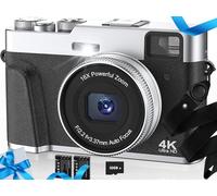 HICSHON Cámara digital 4K con tarjeta SD, cámara de apuntar y disparar de 48 MP con visor de flash y dial, cámara de vlogging antivibración, zoom de 16X, 2 baterías, DC202L-AF