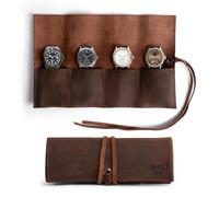Hide & Drink, Organizador de rollo de reloj con 4 ranuras, caja de almacenamiento, rollo de joyería, almacenamiento fácil de llevar, cuero de grano completo, estuche de viaje hecho a mano, marrón