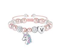 Hidepoo Regalos de unicornios para niñas, perlas rosas y bolas de diamantes de imitación, pulseras de unicornio con inicial de corazón para niñas, joyería de unicornio, regalo de unicornio arcoíris con circonita cúbica, regalo de cumpleaños para niñas, Metal, no conocido