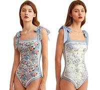 HIDRUO Women Floral One Piece Swimsuits, Square Neck Reversible Tie Shoulder Monokini, Tummy Control Bathing Suits (S, Blue)