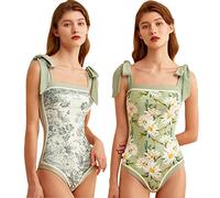 HIDRUO Women Floral One Piece Swimsuits, Square Neck Reversible Tie Shoulder Monokini, Tummy Control Bathing Suits (XL, Green)