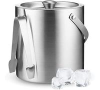 Hielo de acero inoxidable de alto grado con tapa y pinzas - 3 litros de hielo de metal de doble pared de paredes con colador - mango de transporte fácil - Bar hielo para cubitos de hielo, A, 19x17cm