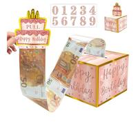 Hierein Caja Regalo Dinero para Cumpleaños, 54 Piezas Oro Rosa Creativo Happy Birthday Hucha, Regalo de Cumpleaños Único Funny Pull Cash de Caja Dinero para Damas Esposa Novia Niñas Hombres Niños