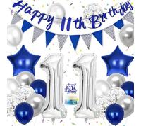 Hierein Decoracion Cumpleaños 11 Años, Azul Plata Globos Cumpleaños con Pancarta, Topper de Torta, Bandera Triangular, Happy Birthday Decoracion para 11 Años Niños, Decoración Fiesta