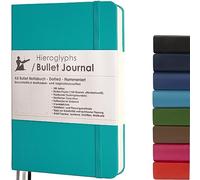Hieroglyphs Bullet Journal - cuaderno punteado (A5) - con instrucciones en alemán - páginas numeradas - tapa dura con bolsillo, 3 marcadores y banda de cierre elástico (Azul claro)