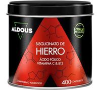 Hierro Suplemento 28 mg - 400 Comprimidos + Vitamina C, B12 y Acido Folico | Bisglicinato de Hierro y Vitamina B12 - Glóbulos Rojos, Hemoglobina - Vitaminas para el Cansancio - Vegano - Iron - ALDOUS