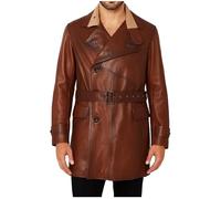 HiFacon Gabardina de cuero de primera calidad para hombre, chaqueta clásica de doble botonadura con cinturón y longitud media, Marrón - Cuero Real, M