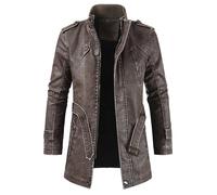 HiFacon Gabardina militar de cuero de alta calidad para hombre, de longitud media, estilo retro, desgastada, ajustada, Marrón oscuro, piel auténtica, XXS