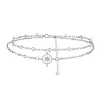 Hifeeled Estrella Tobillera Pulsera para Mujer Plata de Ley 925 para Timón Tobillera, Doble Cadena con Cuentas y Circonita Verano Descalzo Playa Cadena de Pie, Ajustable -22+4cm