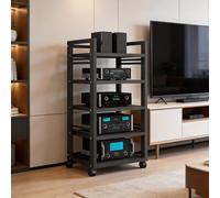 HiFi Cabinet, Multimedia AV Cabinet with Casters, 5-Tier Audio-Video Shelves, Stereo Stands for Living Room, Games Room, Office(Black1)