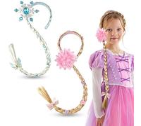 HIFOT 2 Piezas Princesa Peluca Niña, Peluca Rapunzel Elsa Frozen, Flor Trenzas Fiesta de Cumpleaños Cosplay Rapunzel Disfraz Accesorios Con Flores Corona (Platino Rubias Largas)