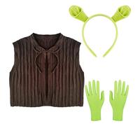 Hifot 3 Piezas Diadema Ogro Verde Mujer Hombre Diadema con Orejas Chaleco marrón guantes verdes Halloween Accesorios Pelo Mujer para Fiesta Cosplay Carnaval Disfraz Adulto