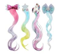 HIFOT 4PCS Extensiones de Clip de Pelo Rizos, Unicornio Princesa Estrella Lazos para Horquilla Tocados, Peluca Rizado Sintético Extensiones Colores, Partido Cosplay Fiestas Party