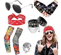 Hifot 8 Paquetes Disfraces de Rocker 70 80 90 Costumes Disfraz Hippies,Rockero Metal Pesado Accesorios con Guantes Gafas de sol Mangas de tatuaje Pulsera Cosplay