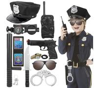 Hifot 9 piezas Accesorios Disfraz Policia Niño, Gorra Policia HandcuffsWalkie Talkie Policía Esposas Gafas de sol Policía Juguete Kit Infantil de Imitación para Niños Halloween Fiesta Carnaval