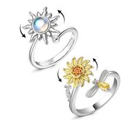 Hifot Anillo Antiestres Mujer Plata Ajustable Anillo Antiestres Giratorio, Ansiedad Anillos Sol Cristal Girasol y Abeja, Regalos para Mujeres Niña Hombre 2Pcs