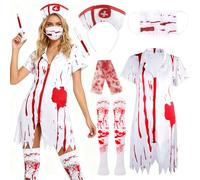 Hifot Disfraz Enfermera Halloween Mujer Disfraz Zombie Adulto Talla Única Máscara Diadema Sangriento Aterrador Vendas de Gasa Vestido Blancos, Disfraces Halloween Mujer Carnaval Cosplay