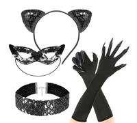 Hifot Kit Disfraz Gata Accesorios Mujer, Orejas de Gato Collar Guantes de Garra Gato Máscara Disfraz Catwoman Mujer Accesorios de Disfrace Adultos Fiesta Halloween