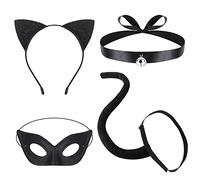 Hifot Kit Disfraz Gata Accesorios Mujer, Orejas de Gato Rabo de Gato Máscara Gargantilla de Encaje con Campana,Accesorios de Disfrace Adultos Fiesta Halloween