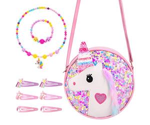 Hifot Unicornio Bolso Niña Joyas Set, Unicorn Bolsito Collar Pulsera Pinza de Pelo Joyería para Niñas Princesa Vestirse y Juego de Roles Artículos de Fiesta