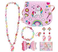Hifot Unicornio Cuero Bolsos Bandolera Monedero para niñas, Gioielli Brillante Anillos Collares Pulseras Pelo Clip Pendientes Conjunto,Juegos de rol Fiesta Accesorios Vestido Dress up Caja de Regalo