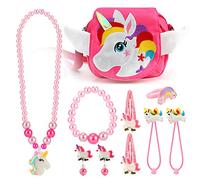Hifot Unicornio Niñas Bolso Joyas Collar Pulsera Anillo Pendientes Gomas del Pelo Pinza Set, Princesa Joya Regalo Fiesta Accesorios Vestido Dress up