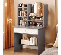 HIFRQVVC Tocador con cajones y armario, tocador de maquillaje con 3 cajones, iluminación ajustable, color negro y blanco, 60 cm, 80 (negro -a, 60 cm)