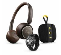 HIFUTURE DE Vuelta AL Cole 1: Auriculares inalámbricos Bluetooth 5.4 HI-TURBO3-26 con cancelación de Ruido (marrón) + Reloj Inteligente HI-FLEX2BLACK + Altavoz Bluetooth HI-Lino S-26