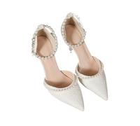 High Heeled Shoes Women's Sandals with A Thin Heel and Pointed Toe A Straight Cut Lace Surface White Pearl Bridal Women(White 5cm,39)